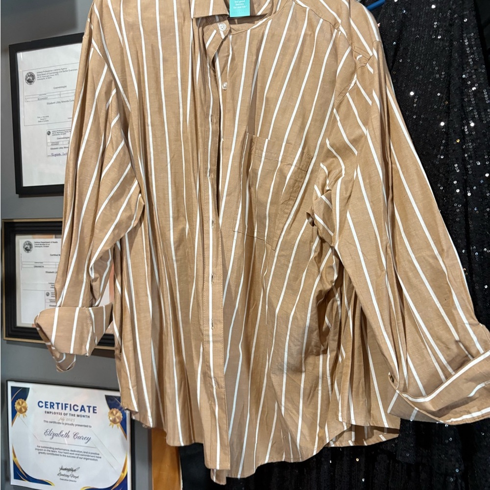 Maurices Tan and White Striped Button Down Shirt